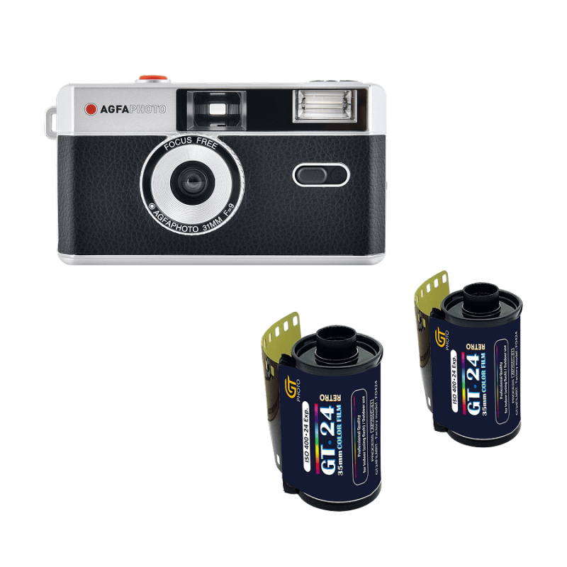 Black Reusable Film Camera Pack + 2 Color Films 24 Exposures