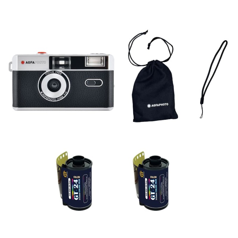 Pack Cámara Analógica Reutilizable Negra + 2 Películas de Color 24 Exposiciones